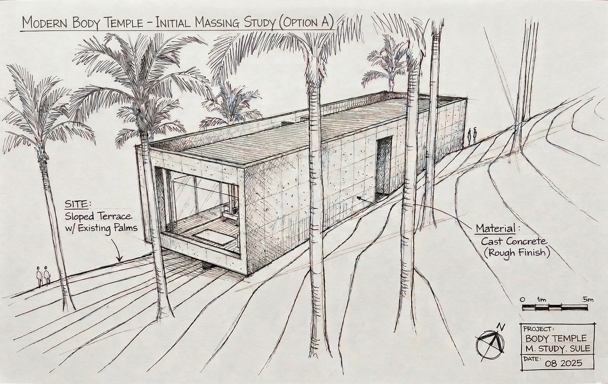 Body Temple — initial massing study (Option A). Hand-drawn sketch showing the cast-concrete volume on a sloped Tabanan terrace, framed by existing palms.
