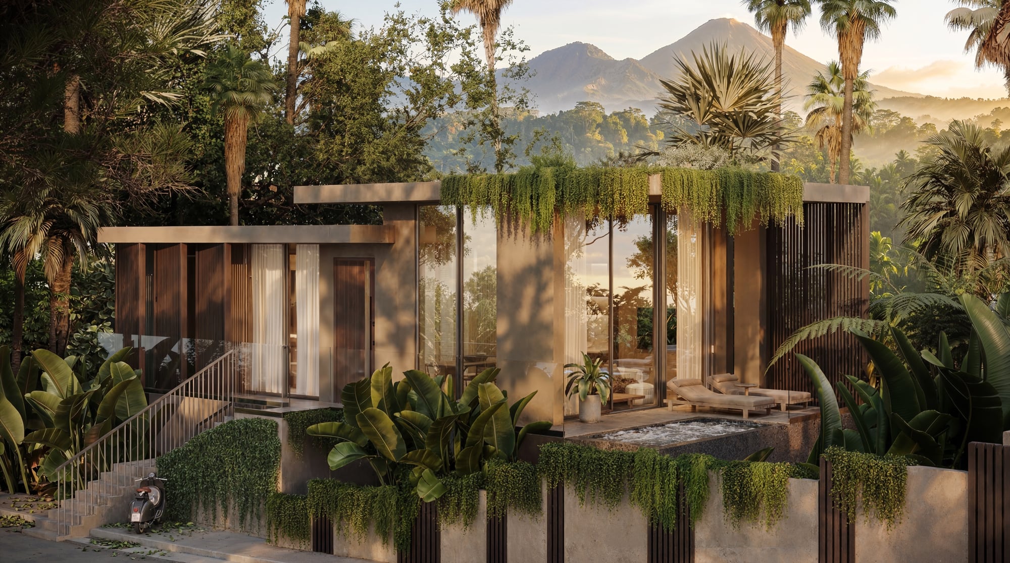 Manasara 1-bedroom residence at sunset — mountain backdrop (Rinjani), plunge pool, tropical landscaping