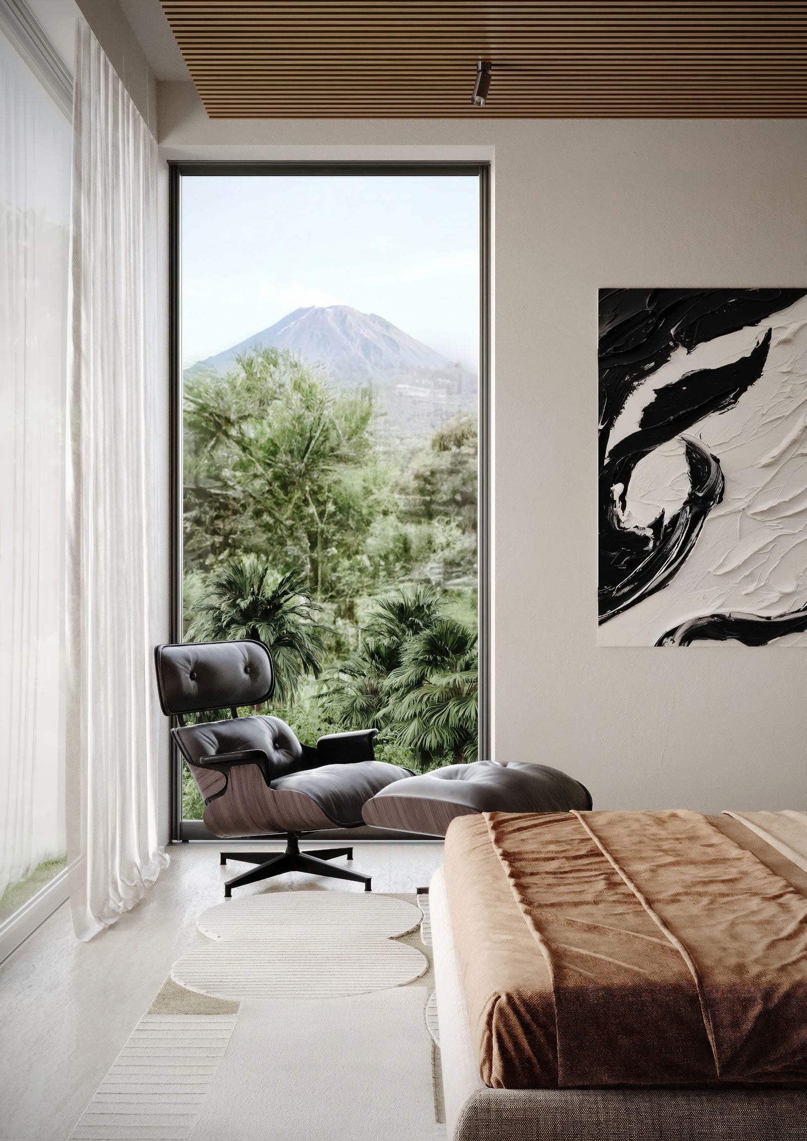 Manasara residence interior — bedroom with Gunung Rinjani view, Kuta Lombok
