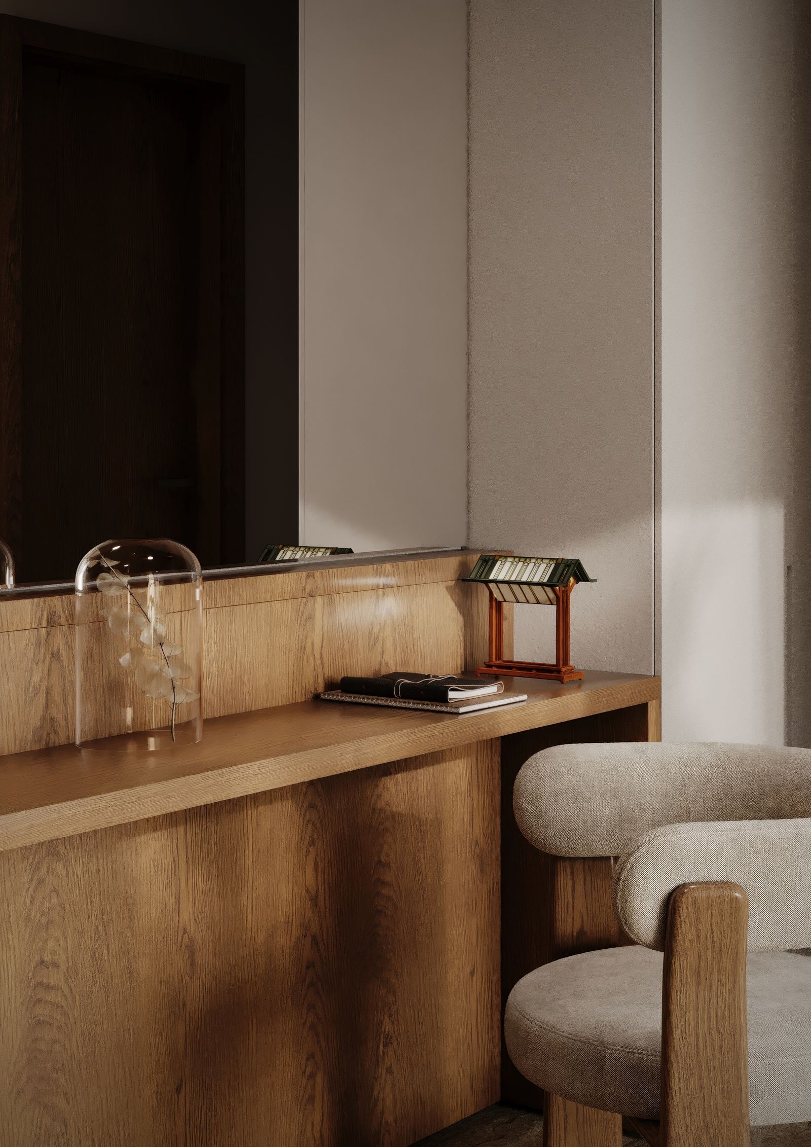 Manasara residence desk and reading nook — wood, linen, considered detail